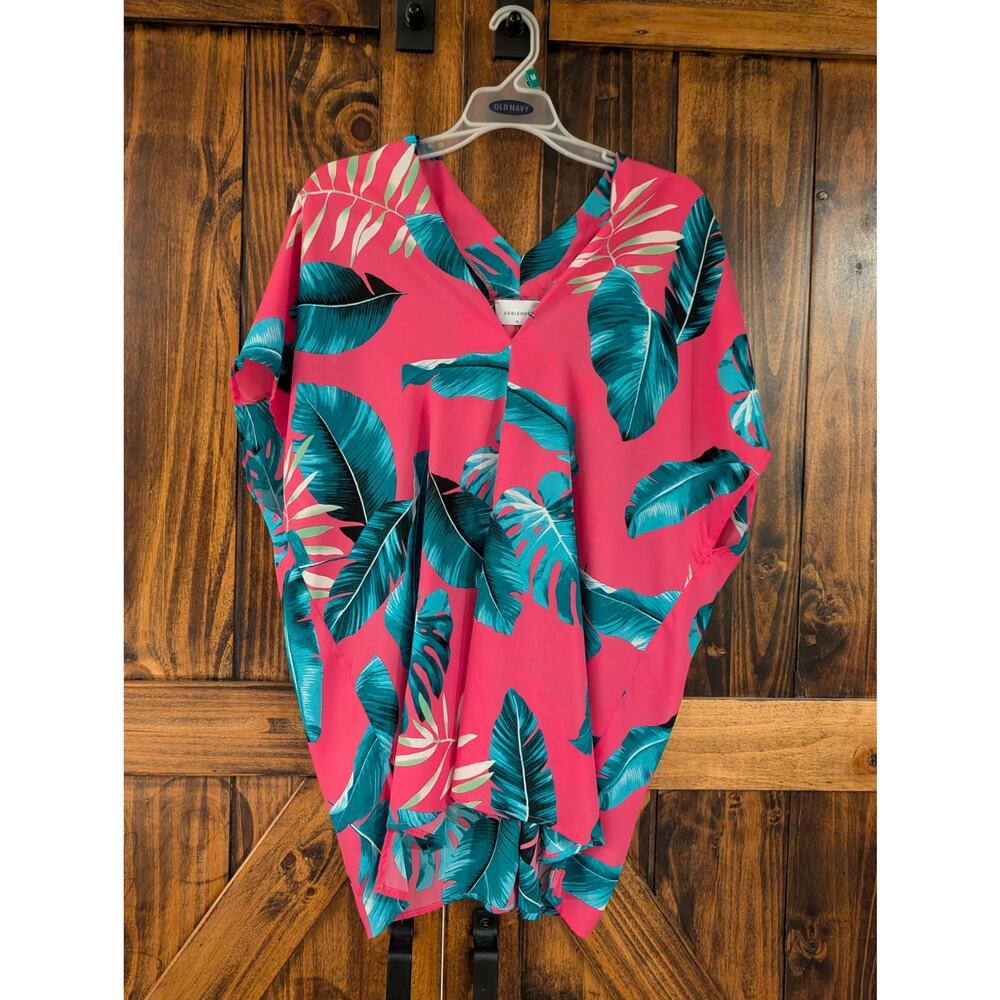 Adrienne womens sz Medium pink and green tropical vacation v-neck blouse EUC